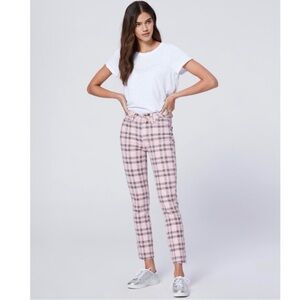 Paige Hoxton Slim Plaid Jeans 27 Blush Pink Black Tartan High Rise